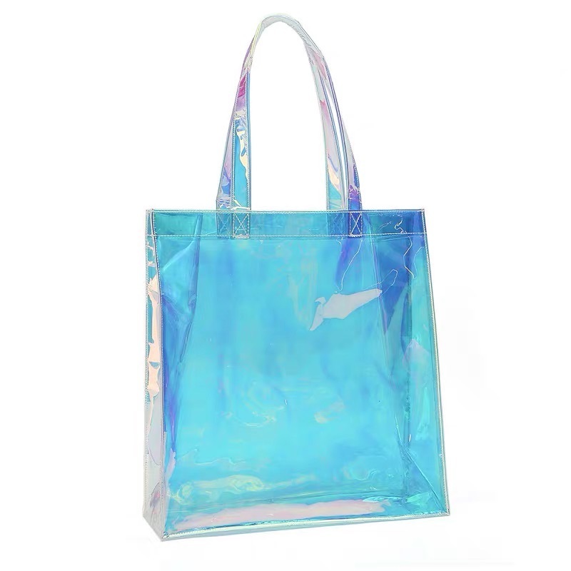 design fashionable custom logo Beach Bag laser holographic iridescent waterproof Neon Plastic PVC shopping tote bag