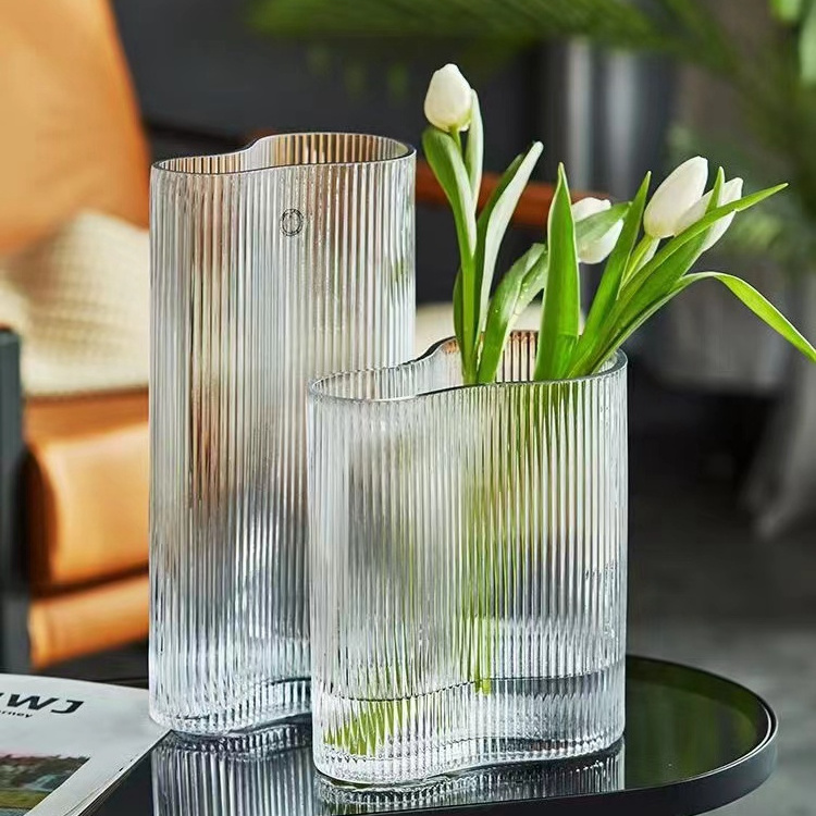 Wedding props clear transparent glass ribbed flower vase with gold rim