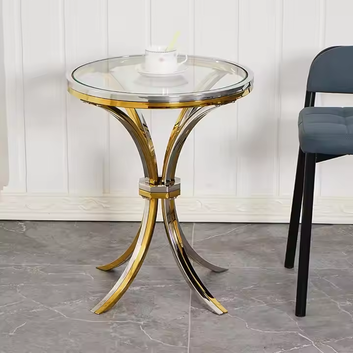 Modern luxury living room furniture gold side table round stainless steel glass coffee table