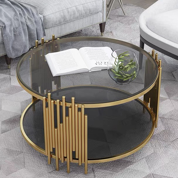 gold nordic modern luxury black metal glass top center table mirrored living room furniture round tempered glass coffee table