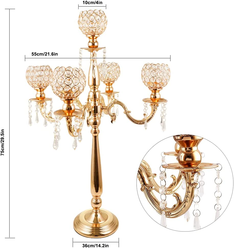 5 Arm Crystal Candelabra Centerpieces Gold Candle Holders for Wedding