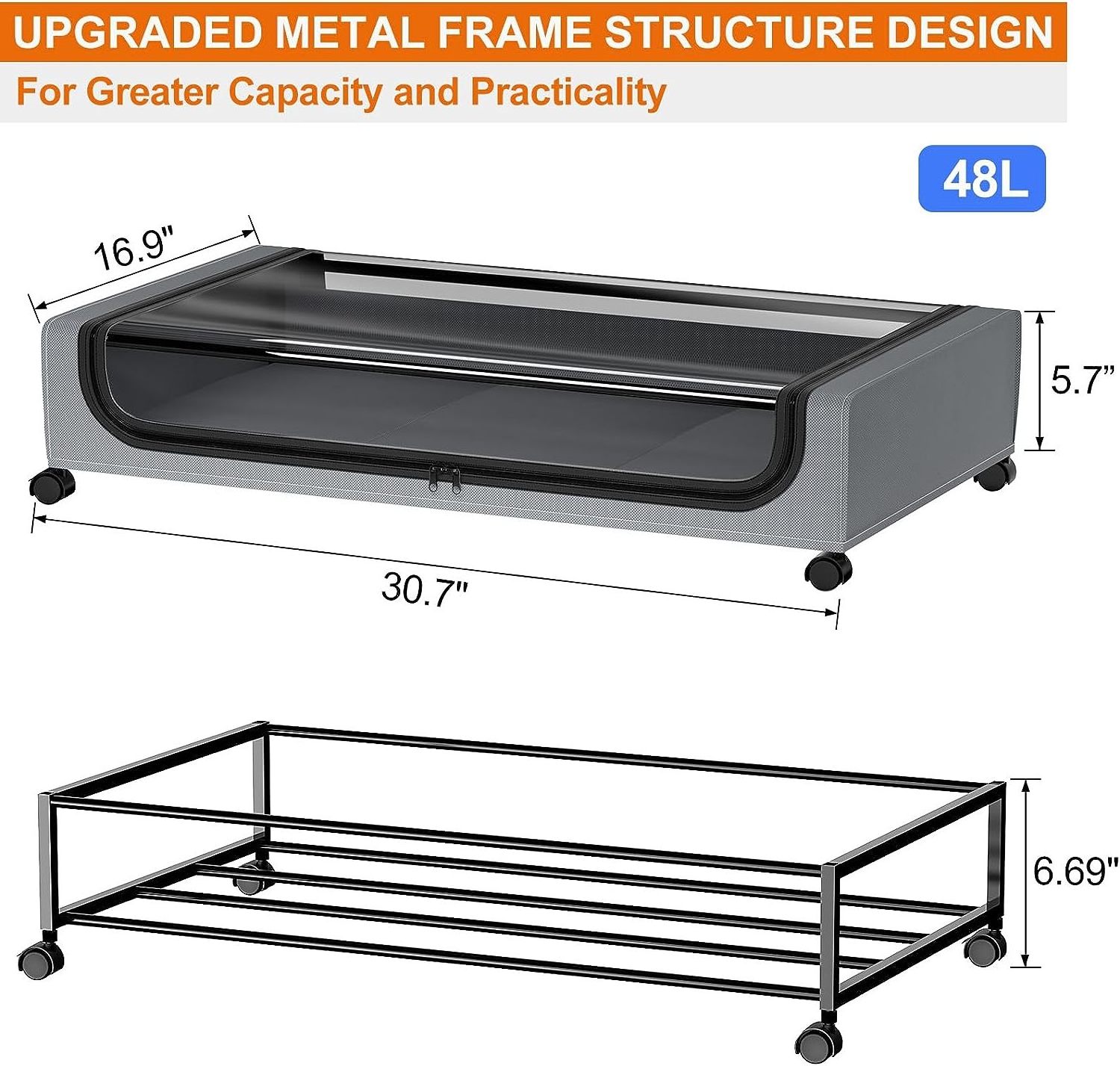 48L High Quality Under Bed Storage Containers with Clear Lid Rolling Under Bed Drawers Under Bed Storage with Wheels