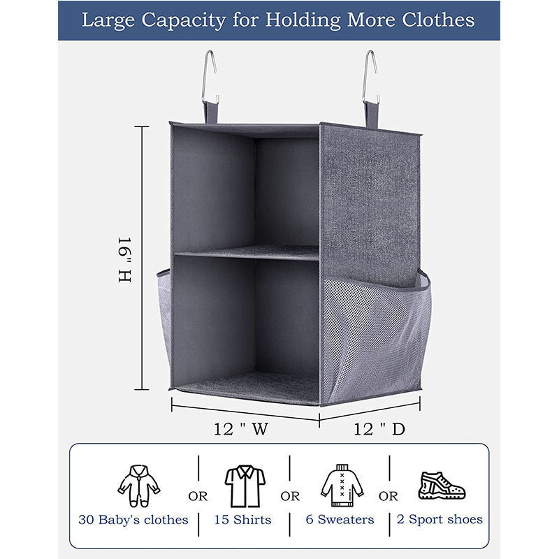 2 Layers Folding Closet Hanging Storage Shelves For Closet 2-shelf Small Hanging Closet Organizers With 2 Large Mesh Pockets