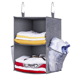 2 Layers Folding Closet Hanging Storage Shelves For Closet 2-shelf Small Hanging Closet Organizers With 2 Large Mesh Pockets