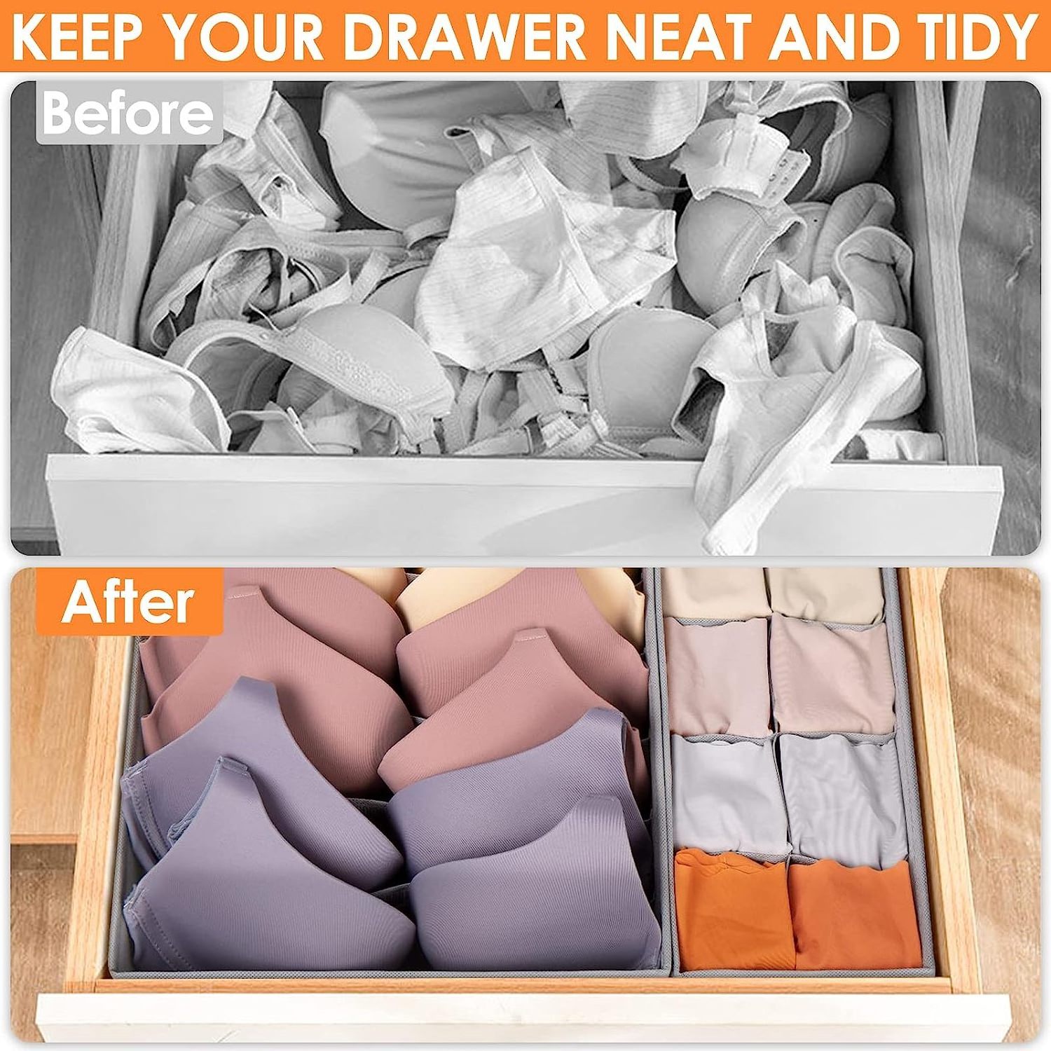 6 Pack Sock Underwear Drawer Organizer Dividers, 58 Cell Foldable Fabric Dresser Closet Organizers and Storage Bins