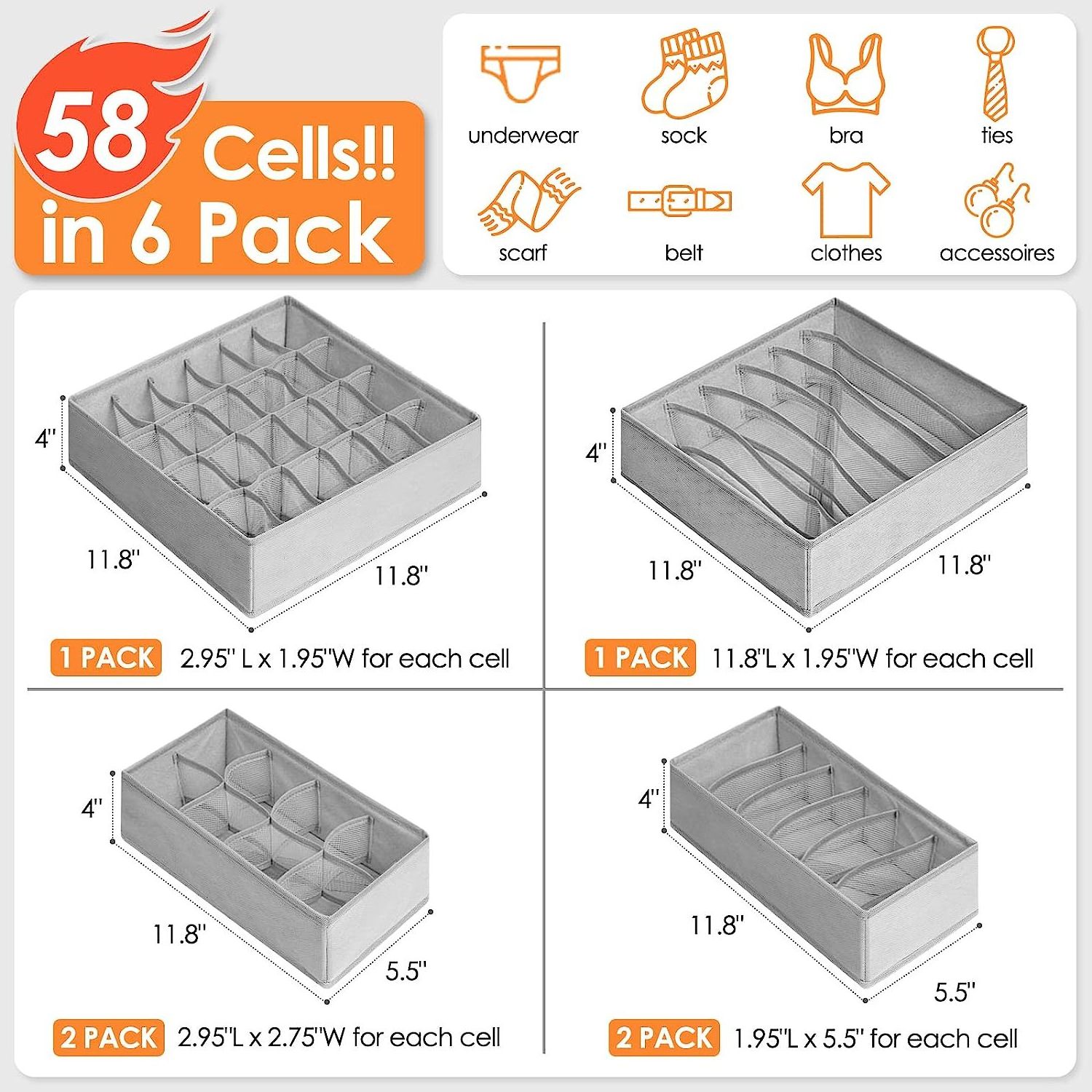 6 Pack Sock Underwear Drawer Organizer Dividers, 58 Cell Foldable Fabric Dresser Closet Organizers and Storage Bins