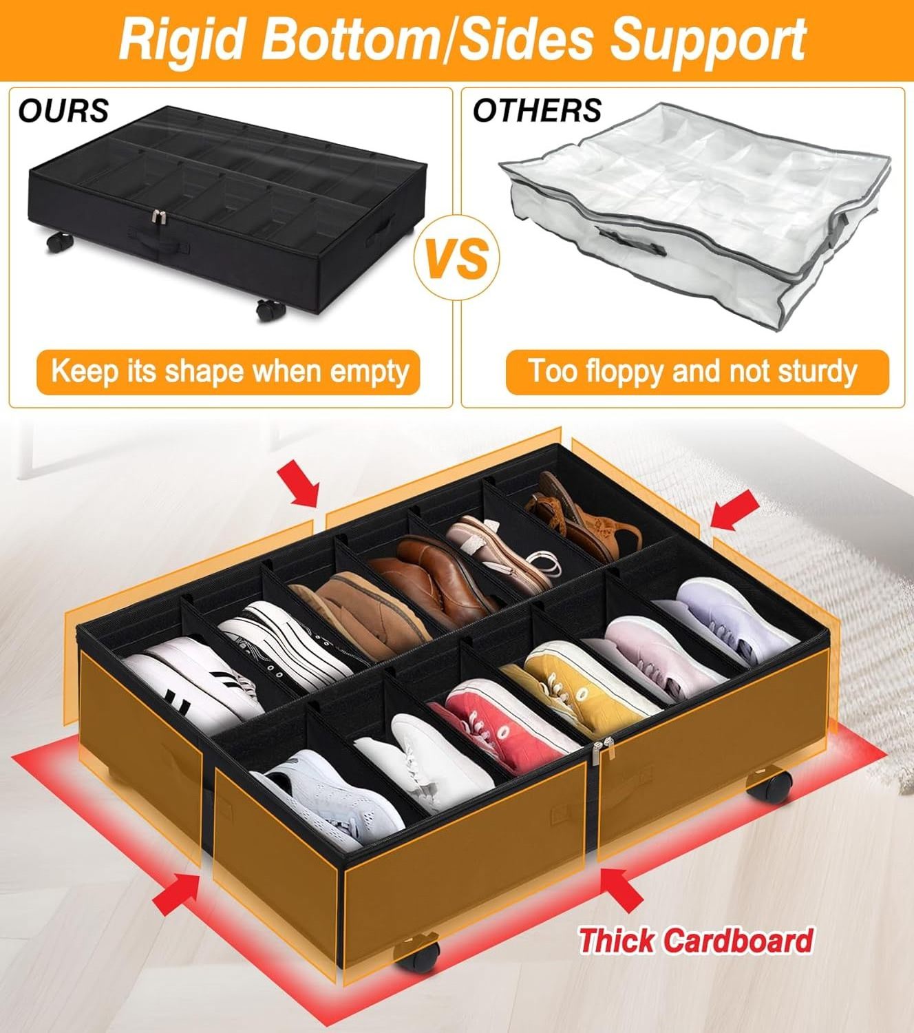 Custom Underbed Storage Solution Containers Under Bed Shoe Storage Organizer With Wheel & Adjustable Dividers