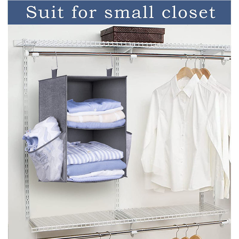 2 Layers Folding Closet Hanging Storage Shelves For Closet 2-shelf Small Hanging Closet Organizers With 2 Large Mesh Pockets