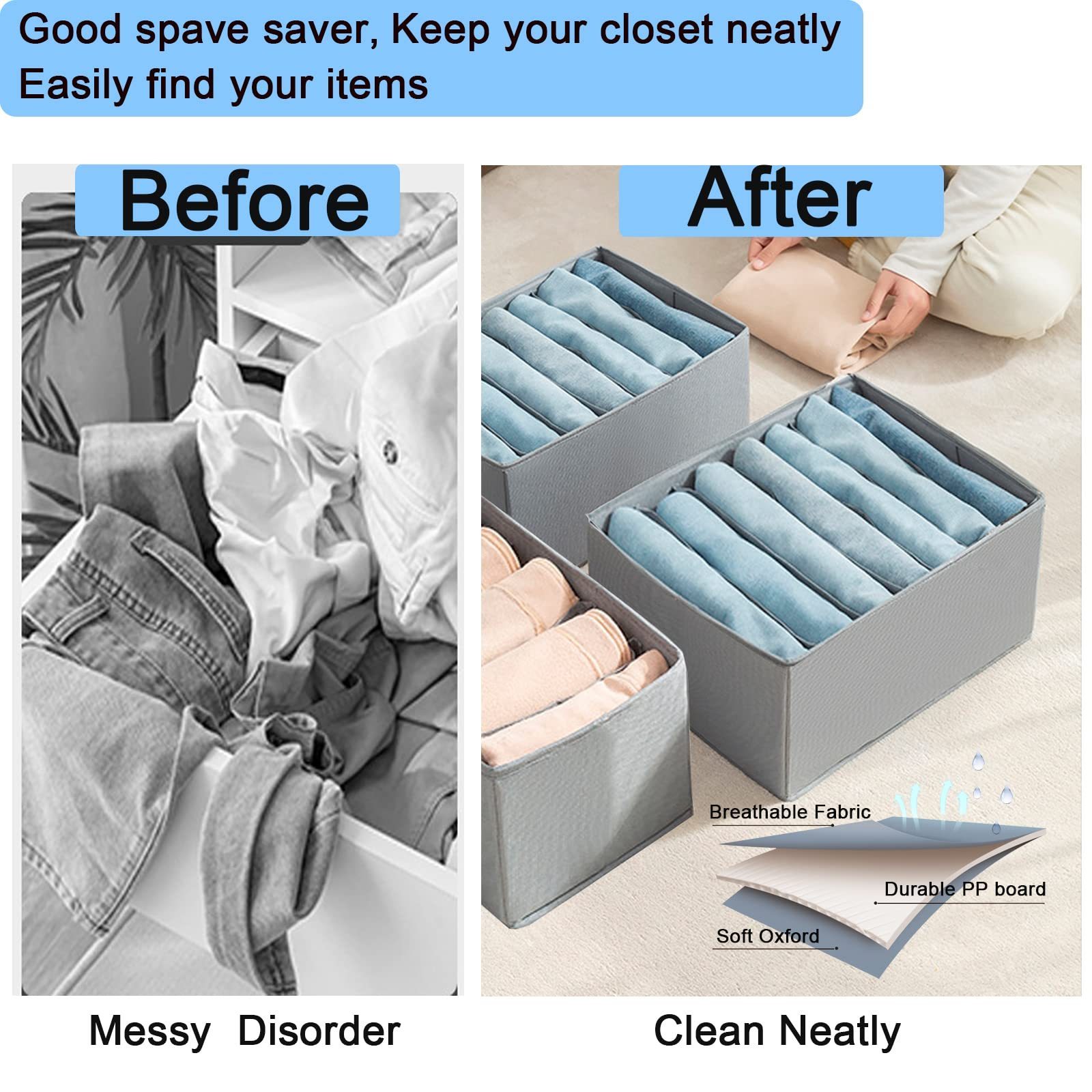 Hot Selling Washable 2 Pack Linen Fabric Wardrobe Organizers 5 Grids Divider Boxes Collapsible Jeans Storage Organizer