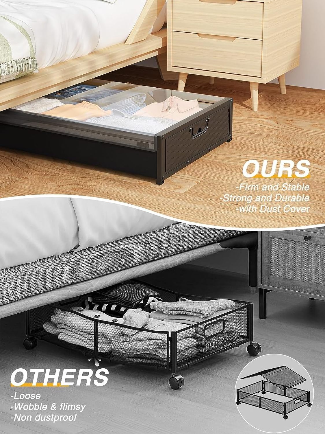 Raytop Under Bed Storage Containers With Wheels Drawer Bins Foldable Rolling Under Bed Clothes Organizer