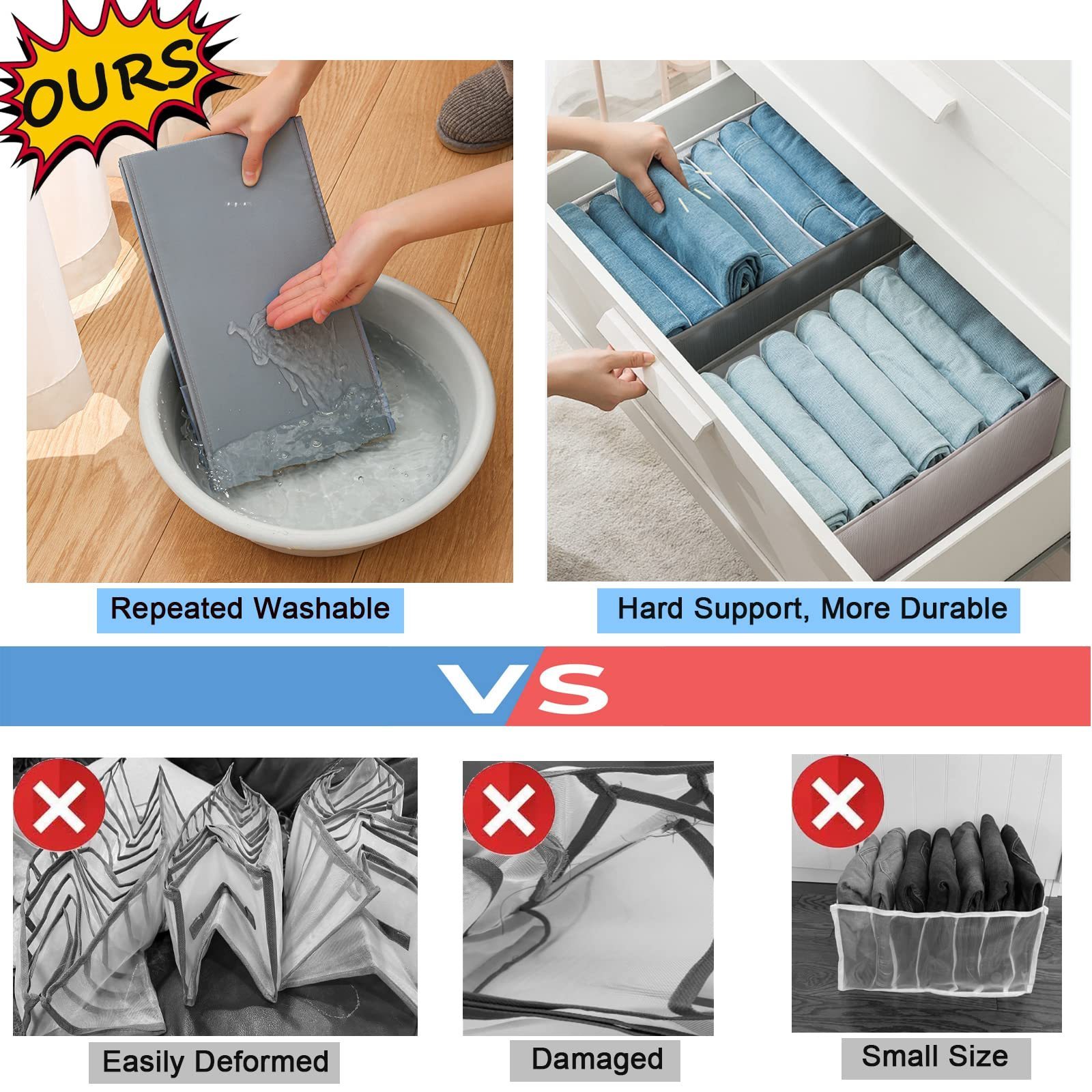 Hot Selling Washable 2 Pack Linen Fabric Wardrobe Organizers 5 Grids Divider Boxes Collapsible Jeans Storage Organizer