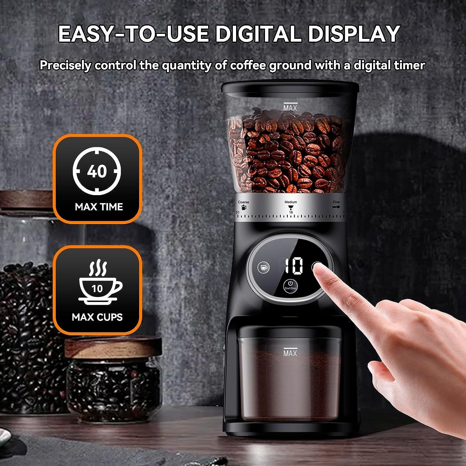 31 Precise Settings Digital Control Conical Burr Coffee Grinder Machine Time Display Espresso Electric Coffee Grinder