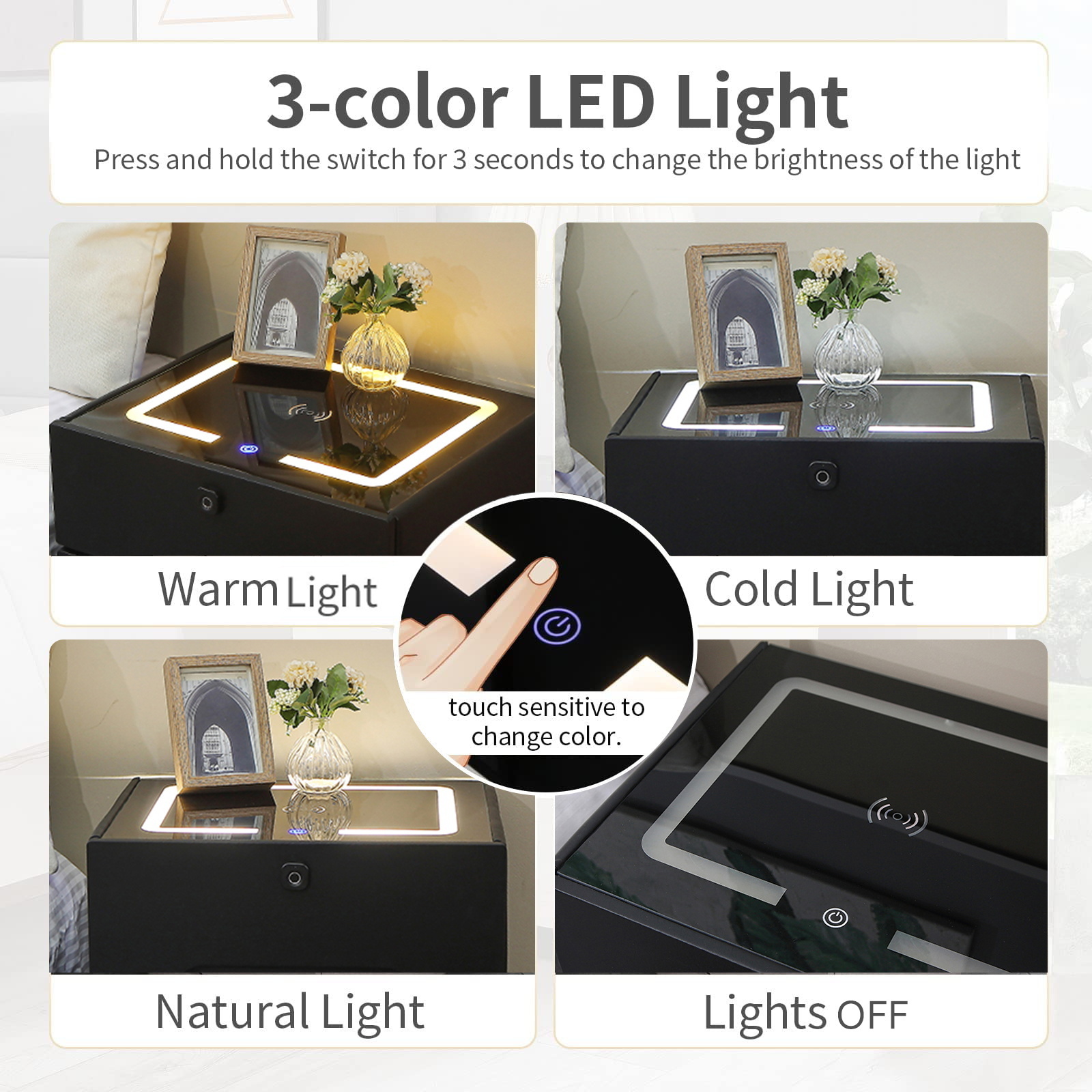 Smart Bedroom Furniture Bedside Table Drawer 3 Light Glass Top Usb Wireless Charger Music Solid Wooden Night Stand End Table