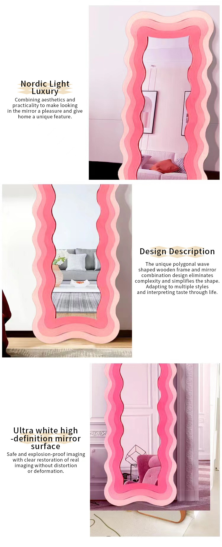 Hair Salon Decoration Wavy Frame Mirrors Rainbow Irregular Wavy Frame Aesthetic Vanity 3D Led Floor Mirror