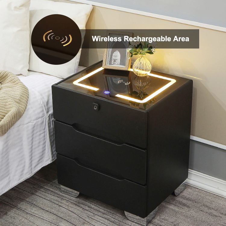 Smart Bedroom Furniture Bedside Table Drawer 3 Light Glass Top Usb Wireless Charger Music Solid Wooden Night Stand End Table