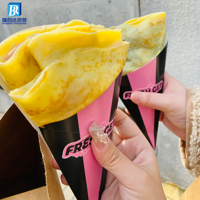 Custom Crepes Paper Cone Packaging Disposable Take Away Churros Box French Fries Packaging Ice Cream Bubble Waffle Paper Holder