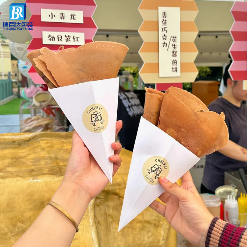 Custom Crepes Paper Cone Packaging Disposable Take Away Churros Box French Fries Packaging Ice Cream Bubble Waffle Paper Holder