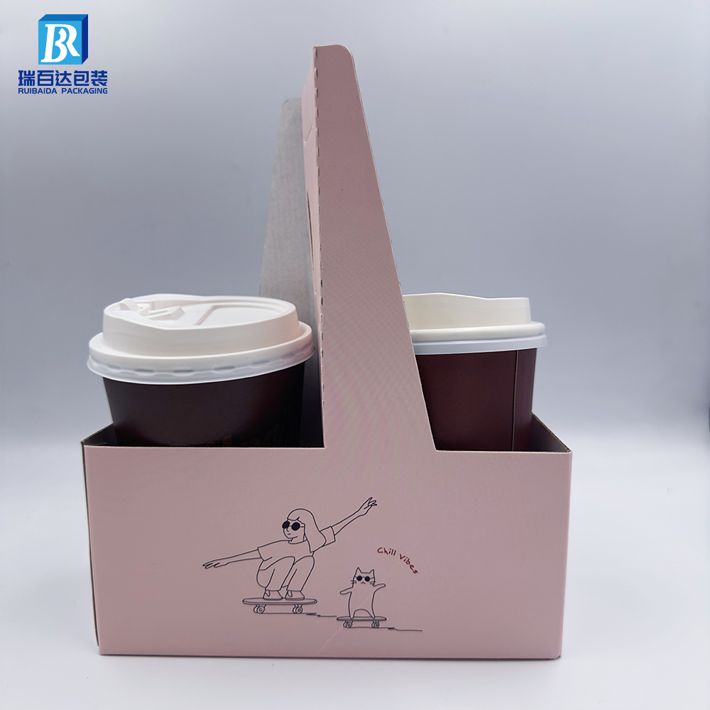 Portable 2/4 Pack Custom Paper Cup Carrier With Handle Takeout Holder Printed Your Own Logo Free Design Kraft Cardboard