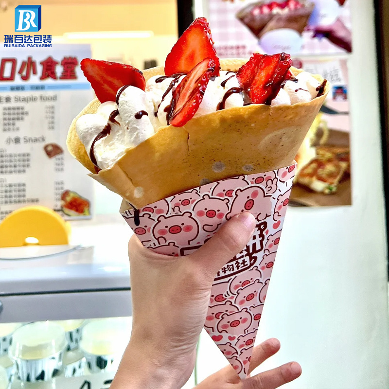 Custom Crepes Paper Cone Packaging Disposable Take Away Churros Box French Fries Packaging Ice Cream Bubble Waffle Paper Holder