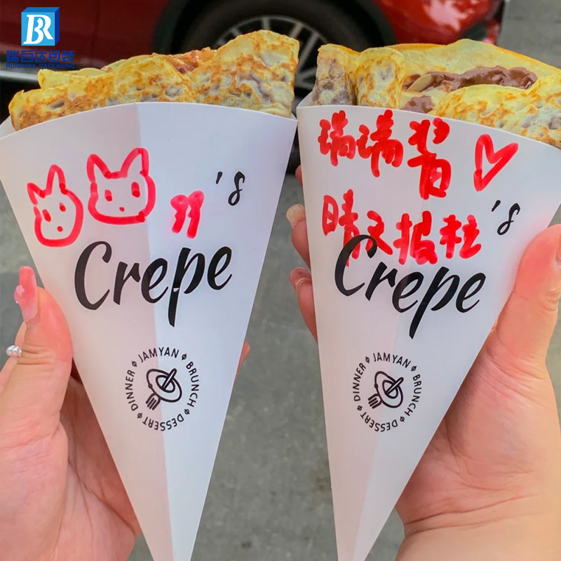 Custom Crepes Paper Cone Packaging Disposable Take Away Churros Box French Fries Packaging Ice Cream Bubble Waffle Paper Holder