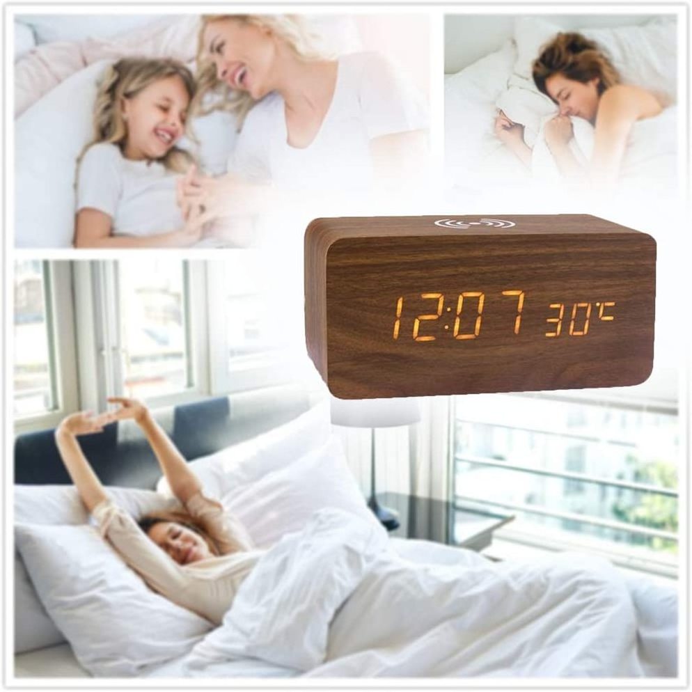 Wood Clock with phone  wireless  charger  Snooze Function digital alarm clock with phone charger