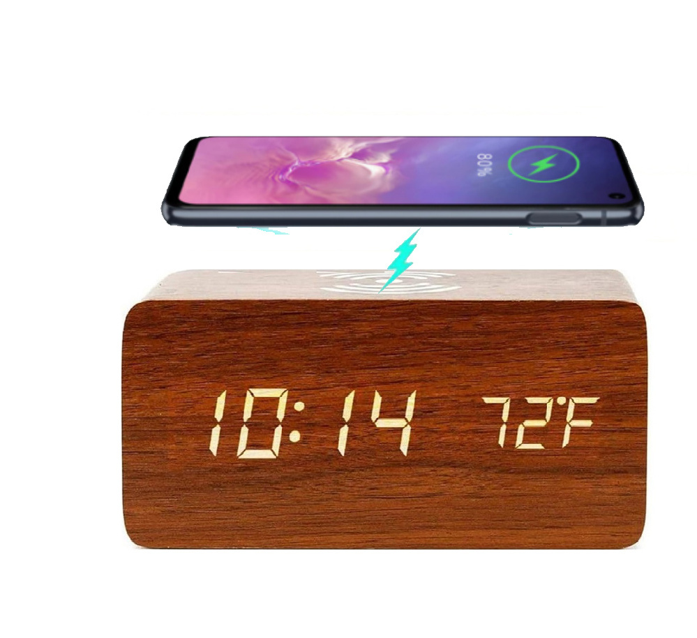 Wood Clock with phone  wireless  charger  Snooze Function digital alarm clock with phone charger