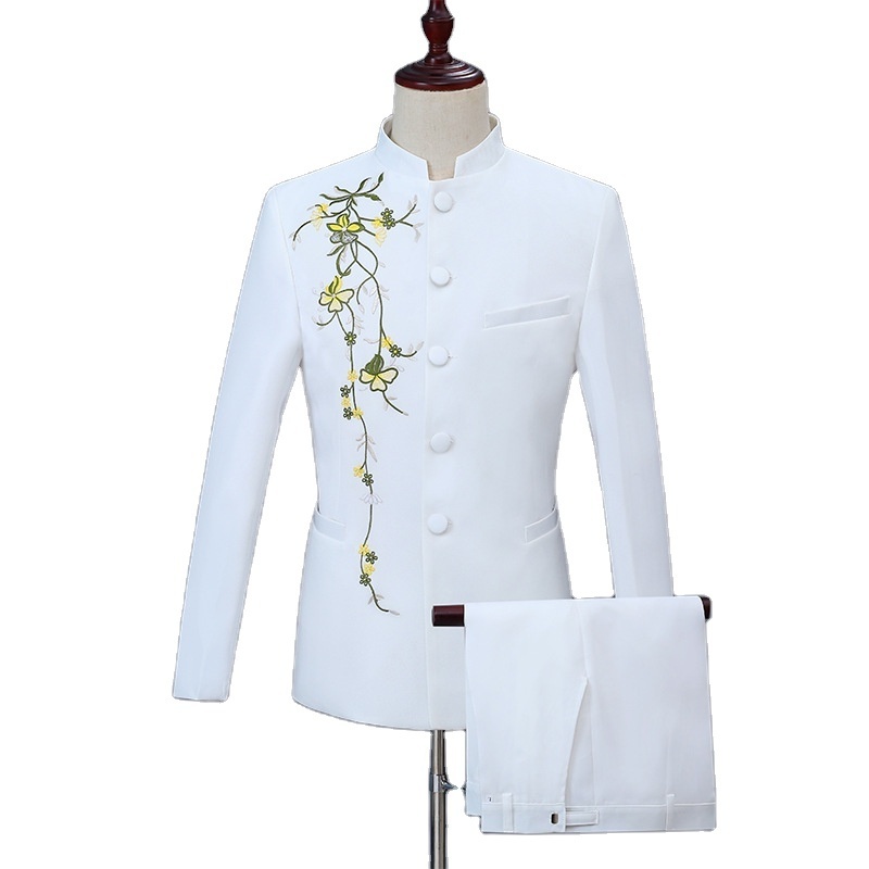 Custom Trending Skinny Homme Embroidered Stand-up Collar Chinese Tunic White Round Neck Stud Lapel Trouser Men's Tuxedo Suit