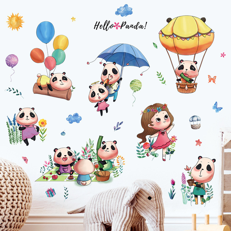 Cartoon Animal Panda Sun And Little Girls Wall Sticker For Bedroom Kindergarten Classroom Children's Room Wall Decal Home Decor