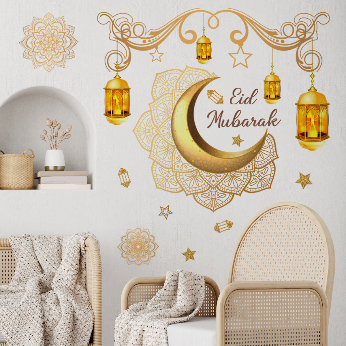 Ramadan Kareem Moon Star Home Decal Gold Castle Wall Sticker Eid Mubarak Ramadan Ceiling Decorations for Home Window