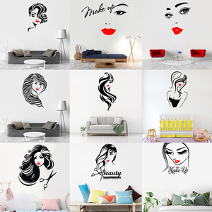 Self Adhesive Beauty Long Hair Salon Wall Decal Girl Face Hairstyle Wall Stickers For Window Barbershop Sign Decoration