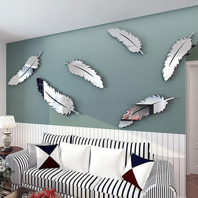 Mirror Self-adhesive Stickers 8 pcs Feather Mirror Sticker Acrylic Wall Paper DIY 3D Wall Decal Living Room Bathroom Decoration