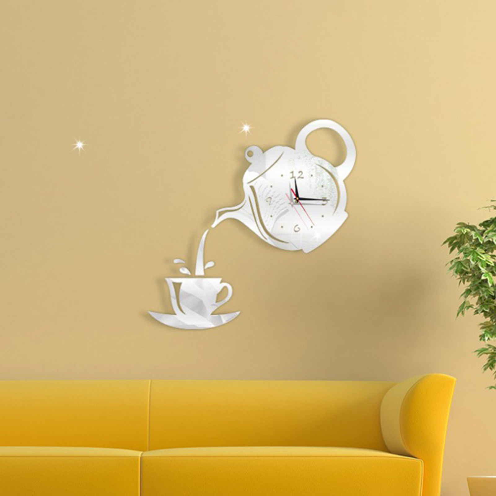 Creative Coffee Cup Teapot DIY Wall Clock 3D Wall Clock Decorative Acrylic Mirror Sticker Kitchen Clocks Living Room Home Decor