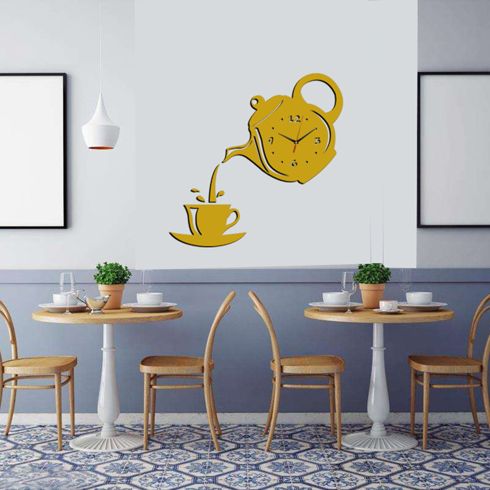 Creative Coffee Cup Teapot DIY Wall Clock 3D Wall Clock Decorative Acrylic Mirror Sticker Kitchen Clocks Living Room Home Decor