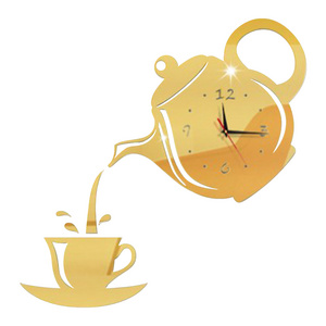 Creative Coffee Cup Teapot DIY Wall Clock 3D Wall Clock Decorative Acrylic Mirror Sticker Kitchen Clocks Living Room Home Decor