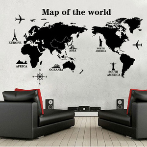 Large Size World Map Wall Stickers Black Map of The World Home Decor for Kids Room Travel Airplane Wall Decals for Bedroom