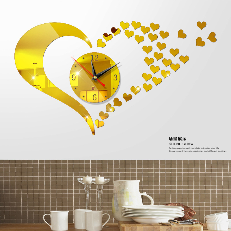 New 3D Wall Clock Mirror Wall Stickers Creative DIY Wall Clocks Love Heart Shaped Home Living Room Decoration Reloj De Pared