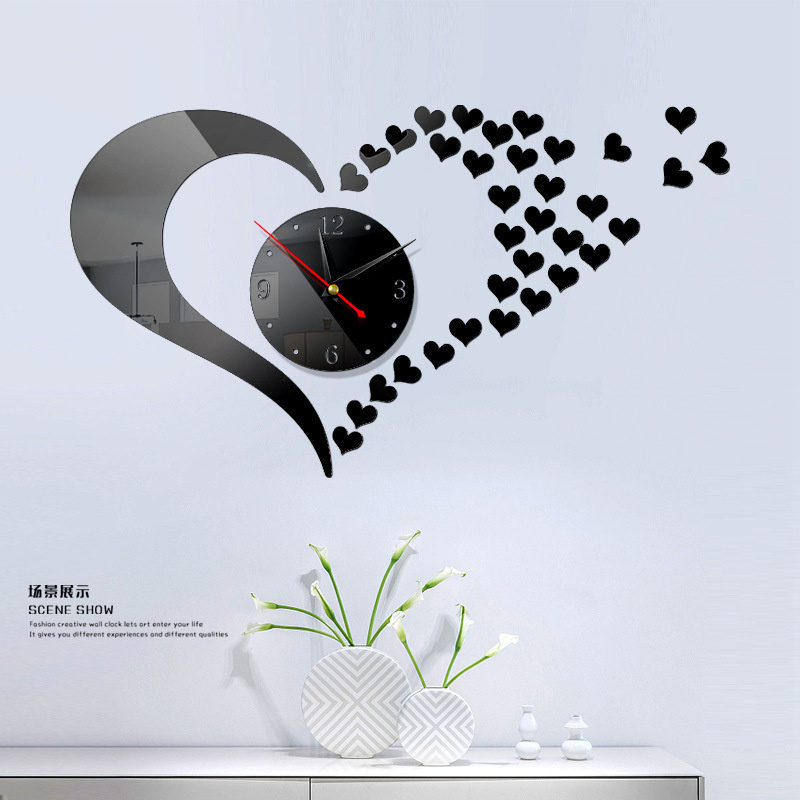 New 3D Wall Clock Mirror Wall Stickers Creative DIY Wall Clocks Love Heart Shaped Home Living Room Decoration Reloj De Pared