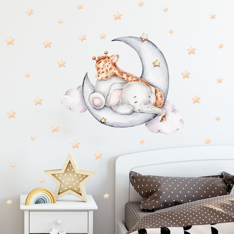 Good Night Baby Elephant and Giraffe Wall Decals Baby Room Nursery Home Decoration Kids Wall Sticker