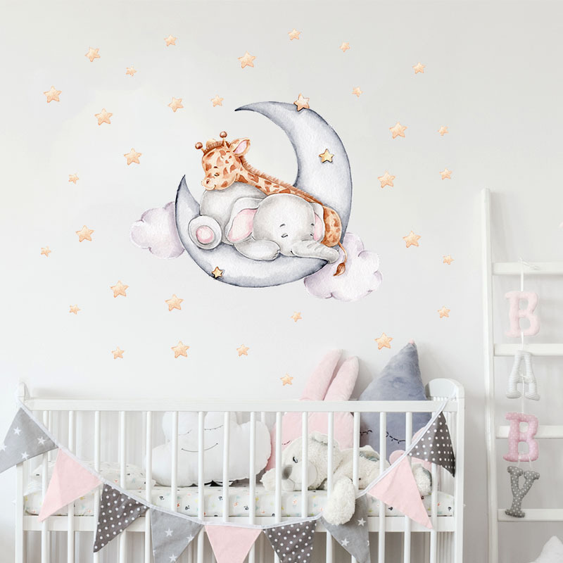 Good Night Baby Elephant and Giraffe Wall Decals Baby Room Nursery Home Decoration Kids Wall Sticker