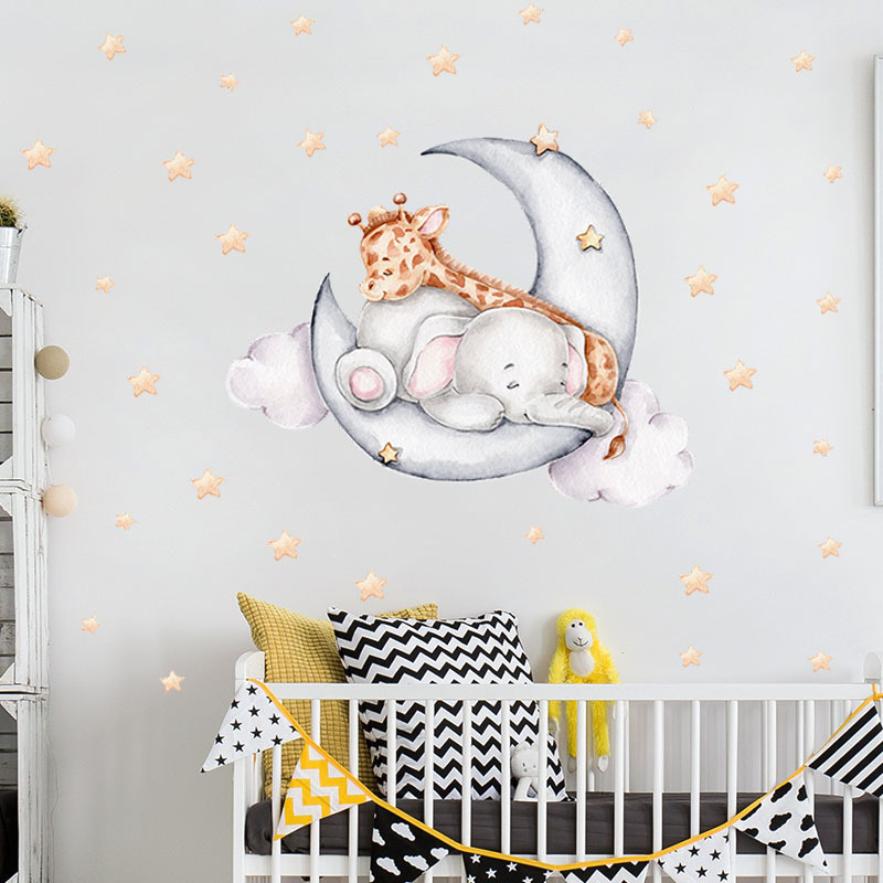 Good Night Baby Elephant and Giraffe Wall Decals Baby Room Nursery Home Decoration Kids Wall Sticker