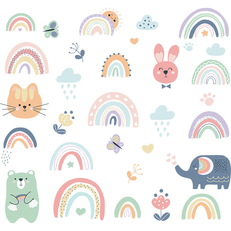 Cartoon Animals Rainbow Wall Stickers for Baby Room Kids room Girls Bedroom Wall Decor Removable PVC Wall Decals for Home Decor