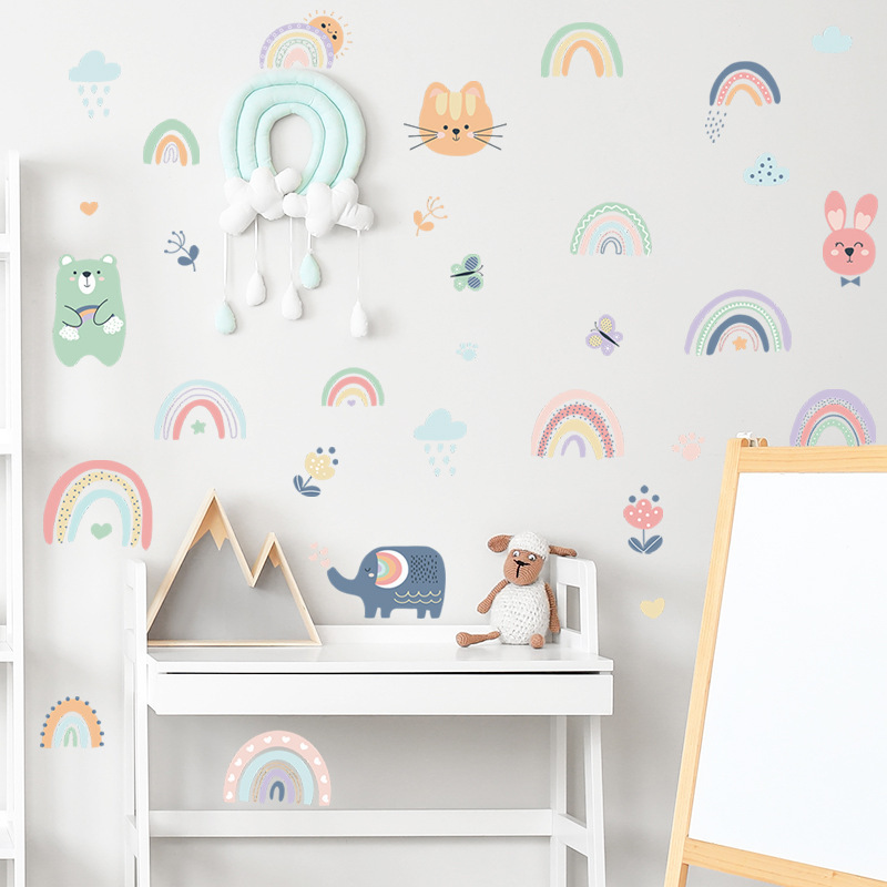 Cartoon Animals Rainbow Wall Stickers for Baby Room Kids room Girls Bedroom Wall Decor Removable PVC Wall Decals for Home Decor