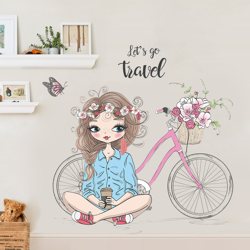 Children Stickers For Bedroom Wall Cute Cartoon Bike and Girl Room Design Flower Wall Stickers Princess Decorations Wall Decals