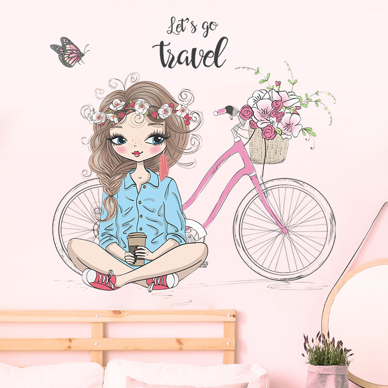 Children Stickers For Bedroom Wall Cute Cartoon Bike and Girl Room Design Flower Wall Stickers Princess Decorations Wall Decals