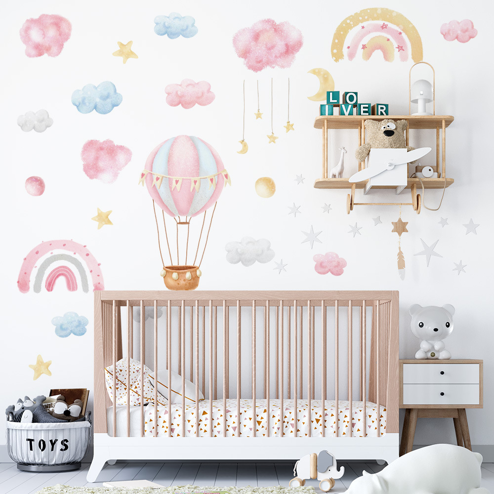 Cartoon Rainbow Cloud Hot Air Balloon Wall Sticker Girl Child Room Bedroom for Home Decoration Wallpaper Pink Series Stickers