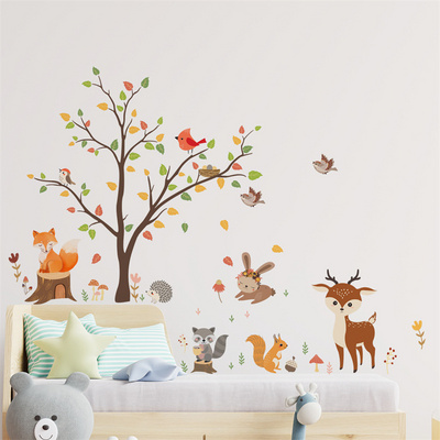 Cartoon Animal Fox Deer Squirrel Elephant Tree Kids Room Decals PVC Self Adhesive Wall Stickers for Children's Room Decoration