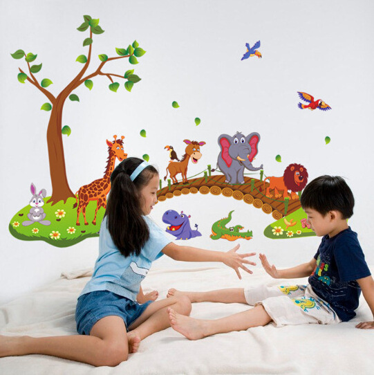 3D Cartoon Jungle Wild Animal Tree Bridge Lion Giraffe Elephant Birds Flowers Wall Stickers For Kids Room Living Room Home Decor