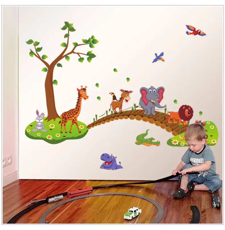 3D Cartoon Jungle Wild Animal Tree Bridge Lion Giraffe Elephant Birds Flowers Wall Stickers For Kids Room Living Room Home Decor