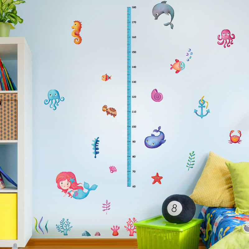 Kids Height Sticker Undersea Mermaid Wall Decal For Children's Room Kindergarten Entrance Door Decorative Height Measuring Ruler