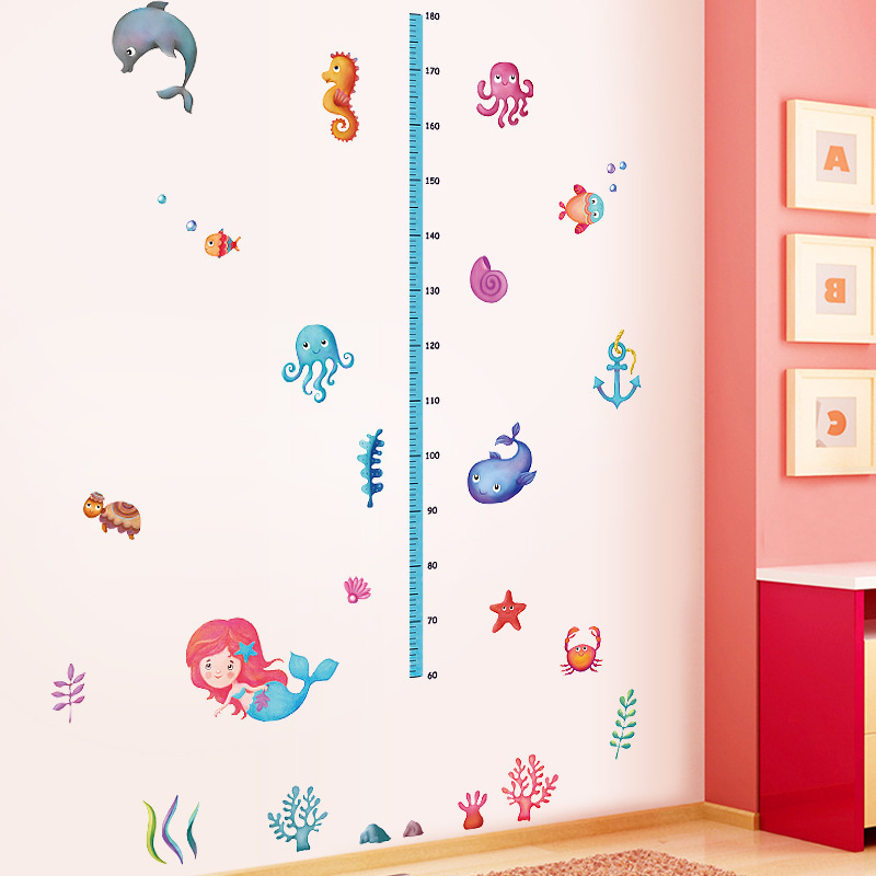 Kids Height Sticker Undersea Mermaid Wall Decal For Children's Room Kindergarten Entrance Door Decorative Height Measuring Ruler